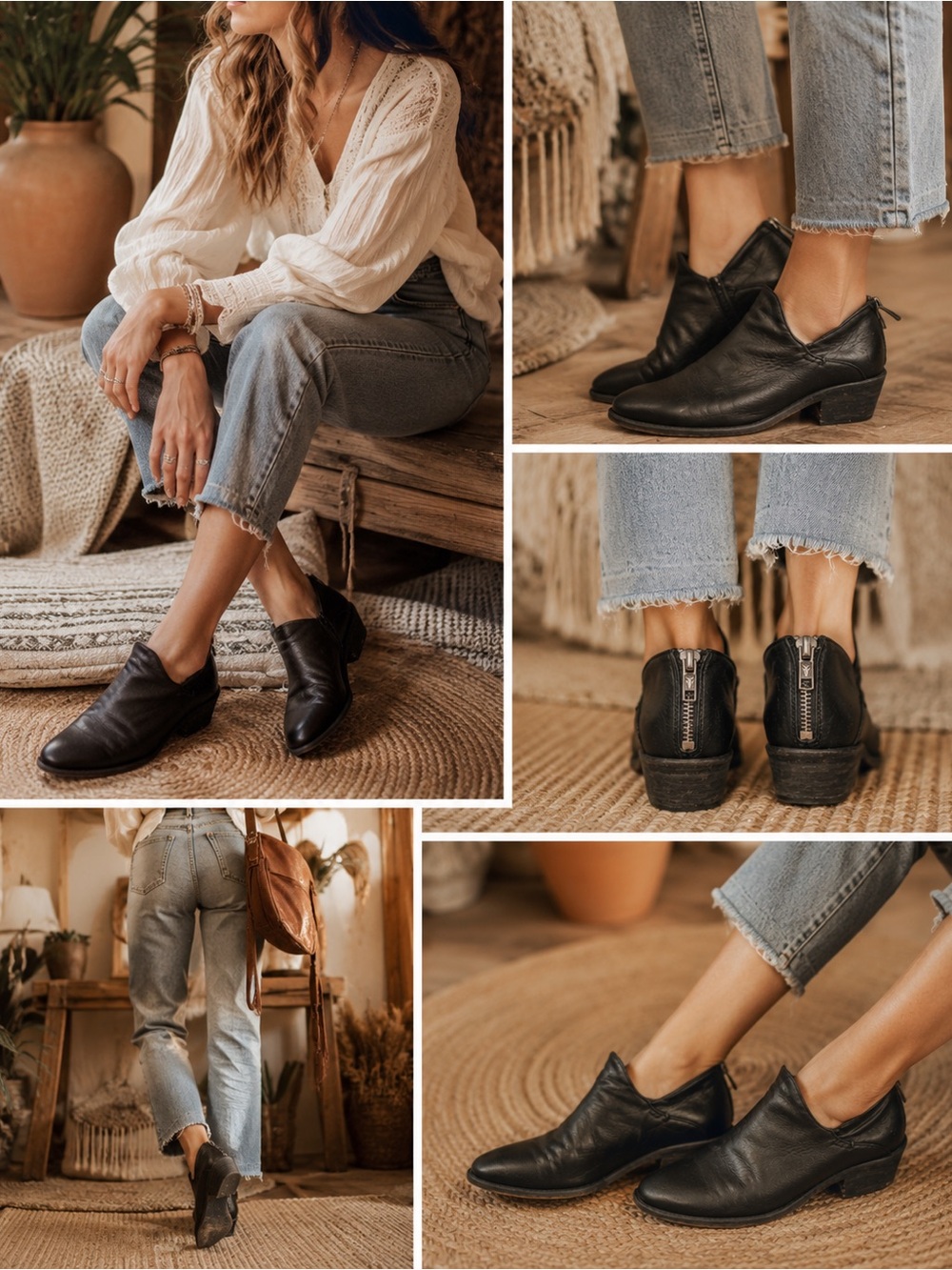 Frye Black Leather Boho Ankle Booties 7.5 Back Zip Low Heel Western